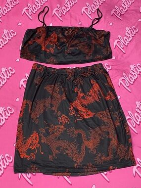 NWOT SHEIN Black Red Dragon Chinese 2pc Crop Top Shirt Skirt Set Y2K Streetwear